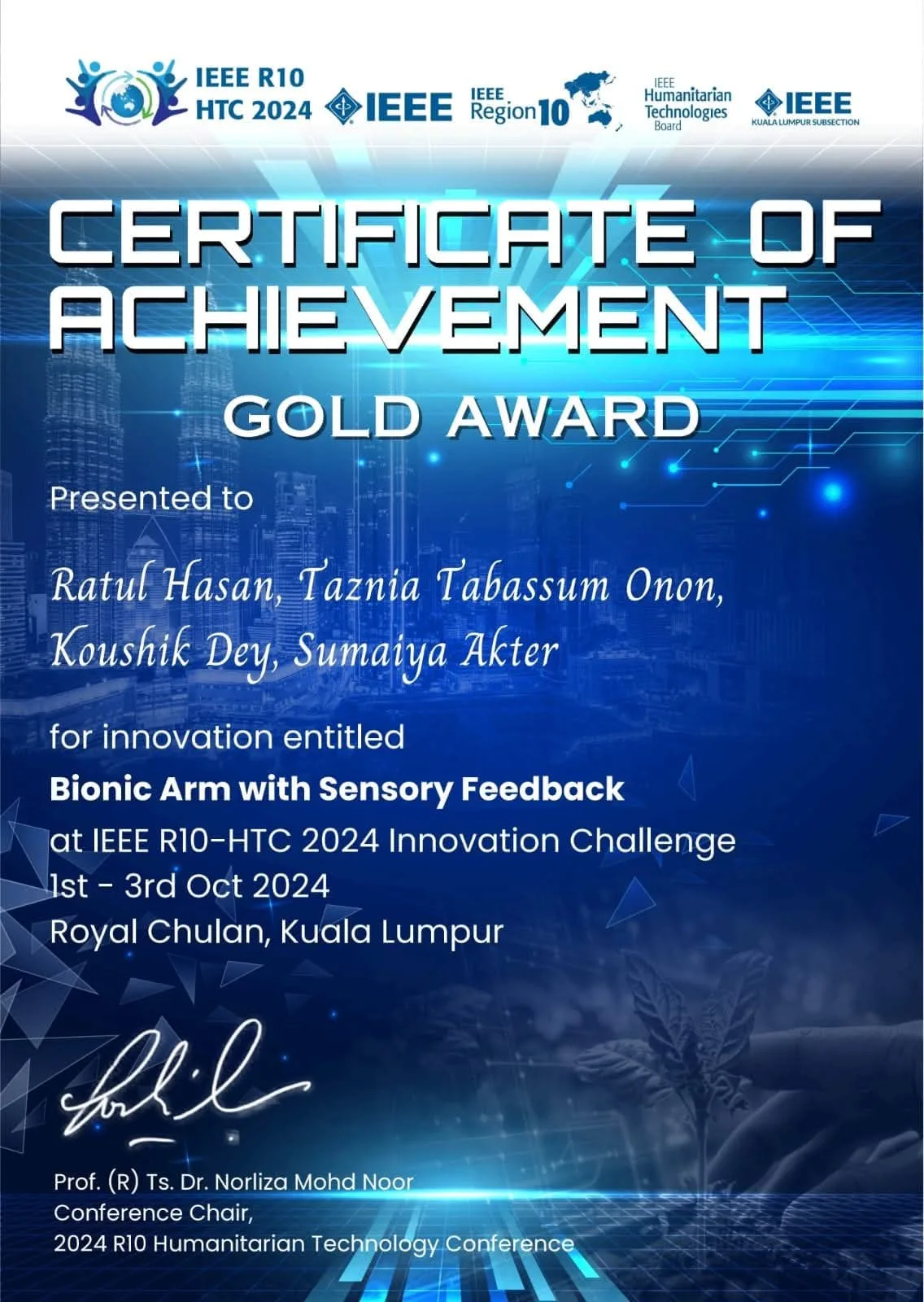 IEEE Gold Award certificate for Bionic Arm with Sensory Feedback